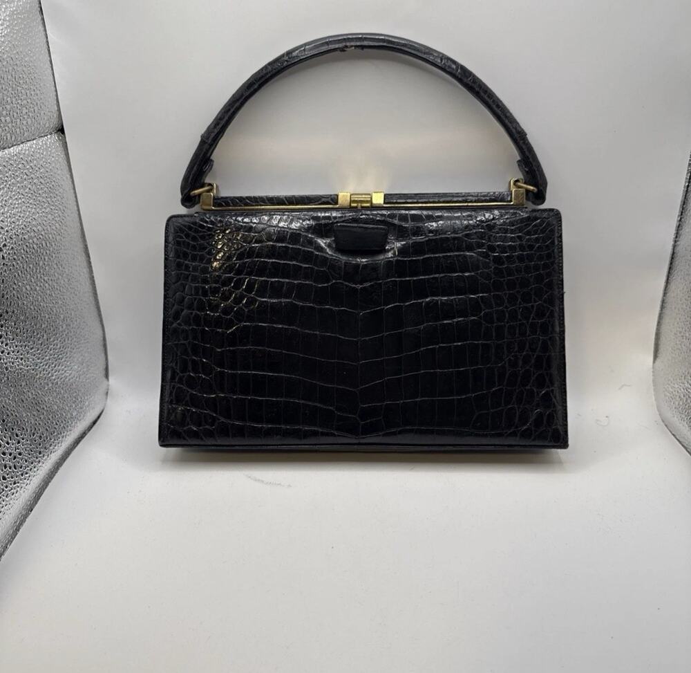 Vtg LUCILLE DE PARIS Black Alligator Handbag Mid Century Frame Purse Made In USA